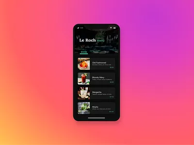 Drink Menu • Le Roch • Day 043 branding creative dailyinspiration dailyui dark ui design digitaldesign inspiration interface minimal mobile mobiledesign prototype typography ui userexperience ux uxui vector website