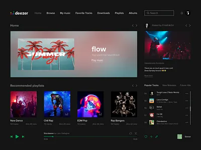Deezer Interface artist branding charts deezer design hits music music app music player music streaming playlist popular spotify streaming ui ux web web design webdesign website design