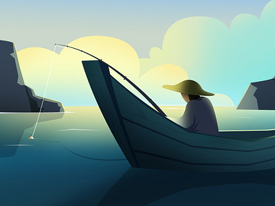 Fisherman boat design evening fisherman fishing illustration minimal sunset vector