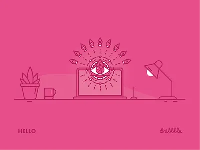 Hello Dribbble debut debut shot desk scene first shot illustration illustrator laptop monoline pen tool secret society third eye vector