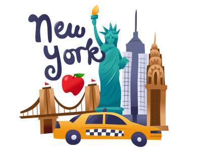 New york City Scene brooklyn bridge cartoon city empire state building icons illustration landmarks new york scene statue of liberty taxi travel vector