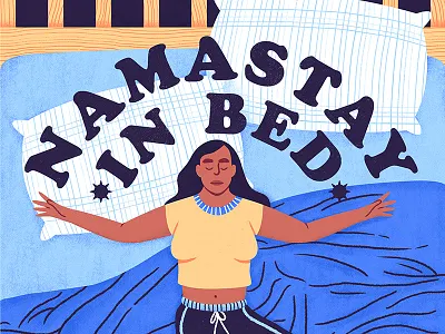 Happy International Yoga Day bed blanket blue frame girl illustration namaste pillow sleeping woman yellow yoga yogi