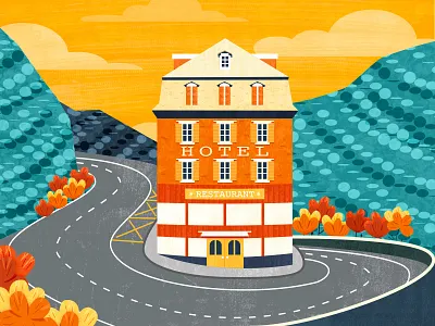 hotel on the hills clouds flowers hills hotel house illustration landscape mountain road sky