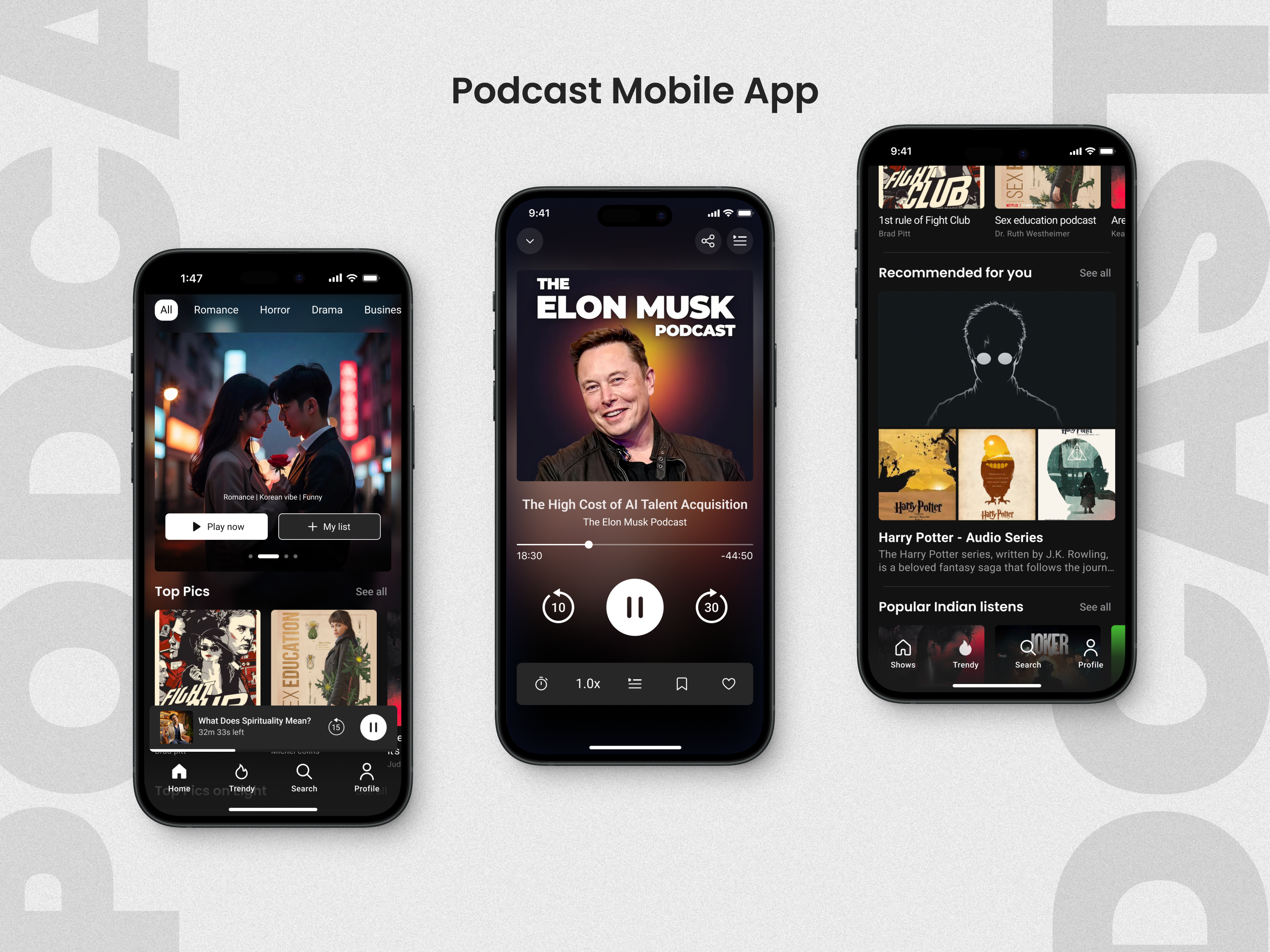 DailyPod - Podcast Mobile App android dark theme dark ui graphic design ios mobile app mobile app design podcast mobile app podcasting ui user interface ux