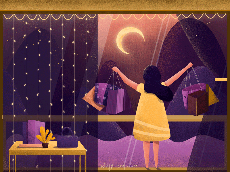 SHOPPING gilr illustration lovely moon vector window