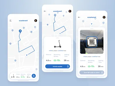 Scooter Rent iOS App Concept app card carsharing design electric ios map minimal qr scooter ui ux