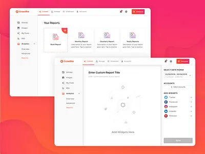 Report Builder UI - Crowdfire design facebook gradient icons illustrations instagram linkedin pinterest procreator report sketch social media twitter typography ui uiux user interface ux vector