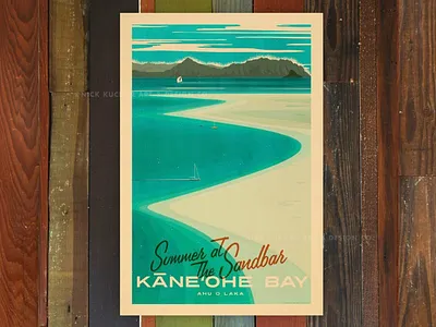 Kane'ohe Bay beach hawaii illustration oahu ocean print retro sailboat sand sandbar surf travel vintage waves