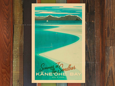 Kane'ohe Bay beach hawaii illustration oahu ocean print retro sailboat sand sandbar surf travel vintage waves