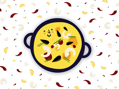 Happy Paella. chili chili pepper dish fish food foodporn happiness happy illustration paella pan pattern seafood shrimp spain spanish vector