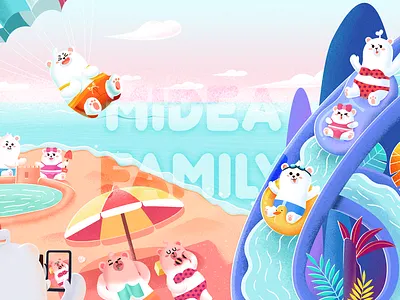 Polar bear family in summer beach hill illustration paragliding parasol polarbear sand slide summer