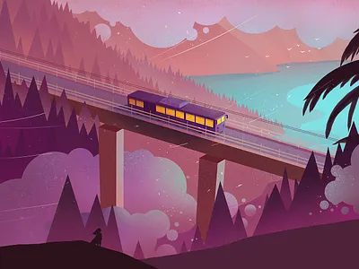 It's windy art bridge bus cloud flat illustration purple scenery tree wind