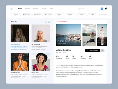 Actors actor management actors casting castings complex product design profile saas saas design search search actors ux