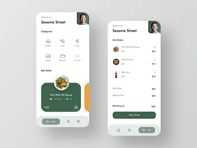 Food Delivery App 2019 trend bubbles burgers buy now cart clean dailyui delivery app ecommerce app food app green ios app money rounded simple clean interface transaction ui ux