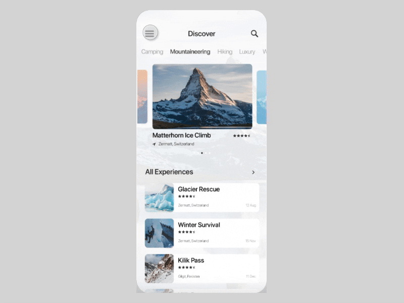 Menu Animation adventure app app design clean design flat interaction minimal mobile mobile app ui ui designer user experience user interface user interface design ux ux ui ux designer ux ui web