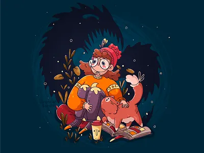 Cute girl 2d adobe illustrator cartoon cat character characterdesign cozy cute girl hannahdoodle lights magic vector