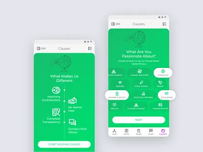 Start Helping Causes android android app app application bottom navigation causes charity gree icons illustration material design ui world