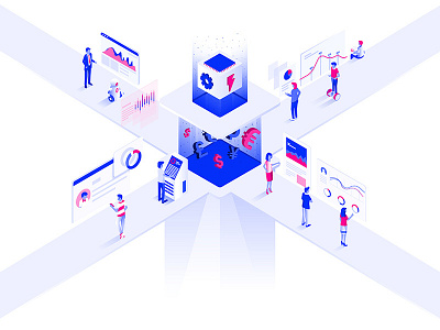 Isometric Illustration Design 3d app artificial intelligence business creative data design development education illustration isometric man online people screen team teamwork ui ux woman