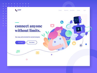 CallUP call character character design chat app design flat design flat illustration fun gradient header illustration landingpage purple robot ui vector web website