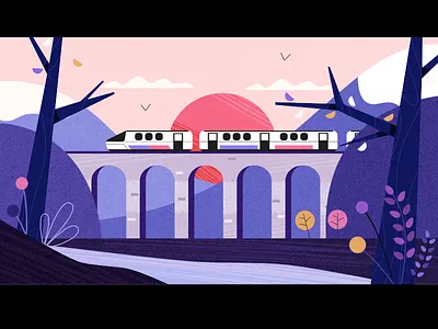 Outdoor Train Ride affinity designer bridge design illustration landscape mountains outdoors styleframe sunset train vector