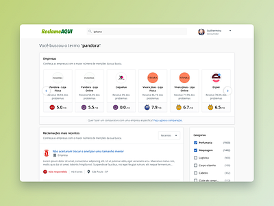 Search Engine @ Reclame Aqui cards complaint filter problems products reclame reclameaqui reputation results search bar search engine searching ui ux