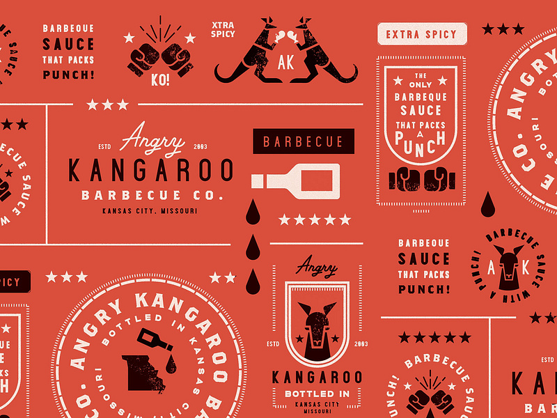 Angry Kangaroo Pattern Red art barbecue bbq black brand flat graphic design icon illustration kangaroo logo logos logotype mark pattern red seal type typogaphy white