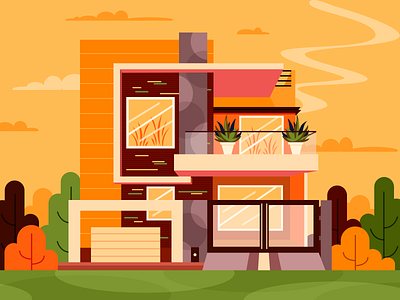 home sweet home architect architecture art clouds design grassland home house illustration sky trees vintage web