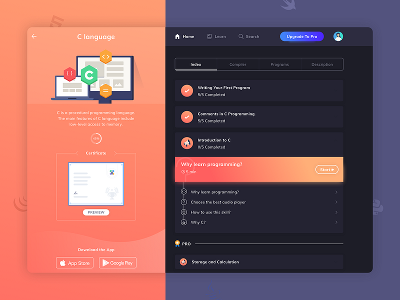 Post Course Enroll Screen UI - Programming Hub app cards coding course dark dark theme dark ui design gradient learn learning learning app procreator programming sketch typography ui user interface ux