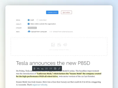 BV • Story/article editor article clean design draft edit editor interface light media post publish publishing story text ui ui design upload web web application writing