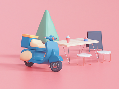 Scooter in the motel 3d 3d art cafe illustration render scooter timeless tree udhaya
