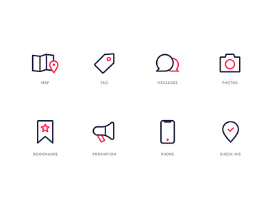 Food app Iconography analytics bookmark checkin consistent design duotone food icon iconography icons illustration inspiration map messages mobile phone photos ui web website