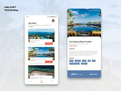 Daily UI 067 | Hotel Booking android app blue booking booking app card dailyui design hawaii hotel app hotel booking hotel booking app mobile mobile app travel travel app travelling ui ux white