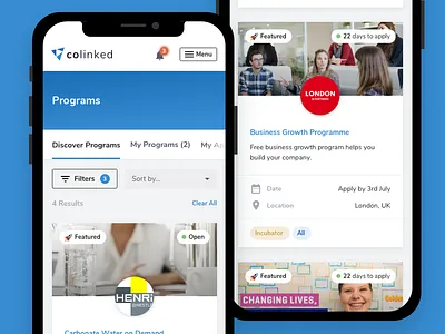 Colinked Grid View grid homepage mobile navigation responsive tabs ui ux web app