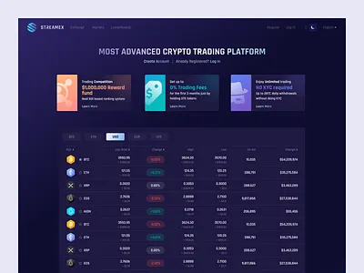 Streamex banners bitcoin blue clean coin crypto dark dark theme design ethereum gradient homepage landing light list market sketch trading ui ux