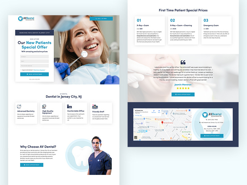 Example of Landing Page for AV Dental in New Jersey,  US