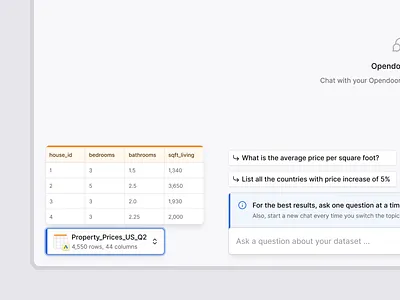 Dataset preview ai app artificial intelligence b2b cards chat clean data dataset design dropdown input light mode minimal modern platform saas table ui ux