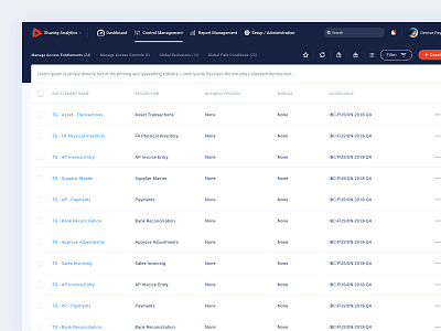 Control Management access admin blue bussines client control dashboard data details entitlements filter manage management minimal module monitor process report setup source