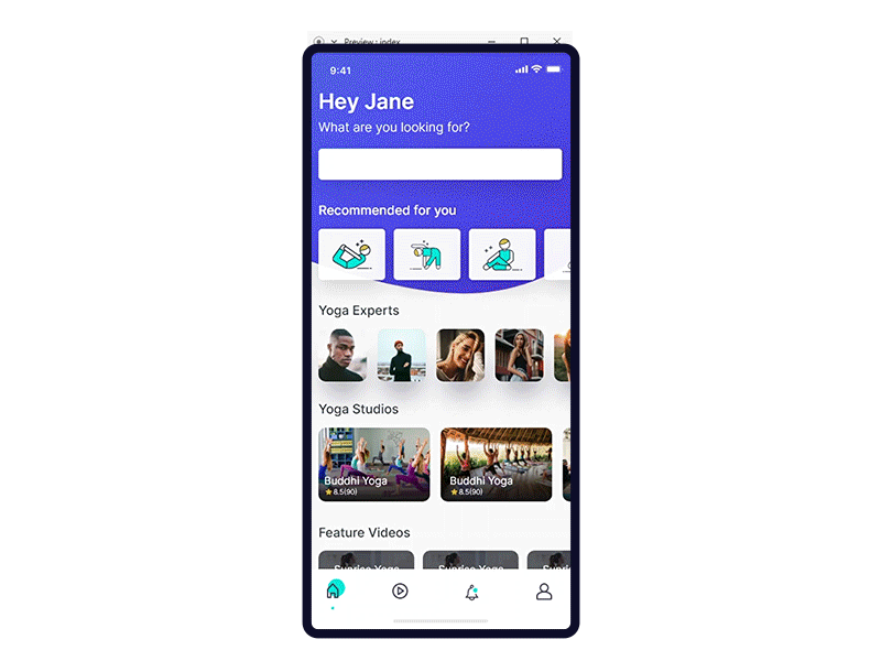Yoga Fitness App android animation app concept blue fitness fitness app ios meditation mobile app uidesign uiux videos yoga