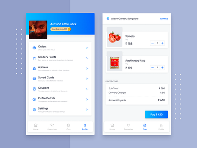 Grocery App - Profile & Cart android app app app design app ui app ui design aravindlittlejack cart groceries grocery app grocery online grocery store profile ui ui design uidesign