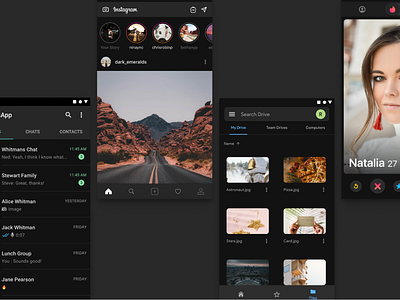 Designing Dark Theme for Mobile Apps chatting dark app dark theme dark ui dating dating app gallery google icons images instagram ios 13 material colors material icons material ui materialdesign message app messages tinder