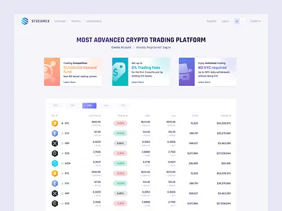 Streamex - Light Version bitcoin cards clean coin crypto design exchange gradient landing list minimal sketch table trade ui ux vector website white