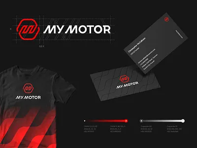 My Motor Identity auto brandbook branding identity business card car custom typography diagram fire gear shift grid hexagon icon letter m lettering logo mobile app motor pattern steering wheel tshirt