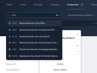 Search advanced search compare comparison dark ui finance fintech fund management funds interface search ui ux web
