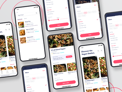 Book a restaurant table and order online free ios kit book design filter food food app freebie ios iphone kit online order red restaurant table ui uiux vegan vegetarian