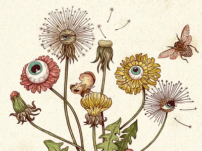Dandelion botanical drawing flower illustration insects plant texture vintage