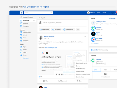Facebook - designed with Ant Design UI Kit for Figma ant design components dashboard design system facebook figma figmadesign interface reactjs sale ui ux uikit