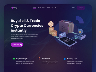 Crypto Currency Exchange Website Header 3d app blockchain creative crypto crypto cxchange crypto wrbsite dark mood design dribbble shot financial header landing page nft popular design transaction ui uiux webdesign website