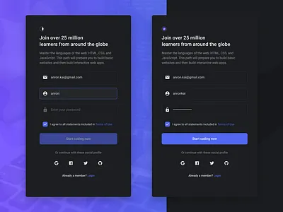 Sign Up Form — States code components dark desktop form input fields inputs login registration sign in sign up states text fields ui web
