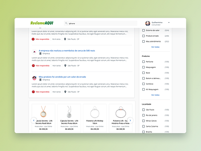 Search Engine @ Reclame Aqui cards complaint filter problems products reclame reclameaqui reputation results search bar search engine searching ui ux