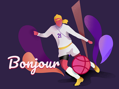 Bonjour Dribbble! 2019 alex morgan bonjour fifa fifa woman worldcup 2019 football footballer hello dribble hellodribbble illustration purple soccer soccer ball woman woman playing football worldcup